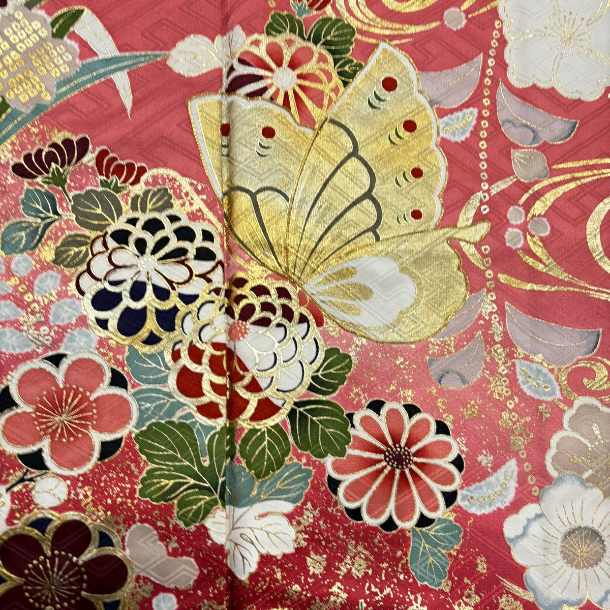 振袖禮服 身長164cm 袖長66cm M 雙層 蝶 菊花 金絲 金銀彩 粉紅 純蠶絲 秀品級