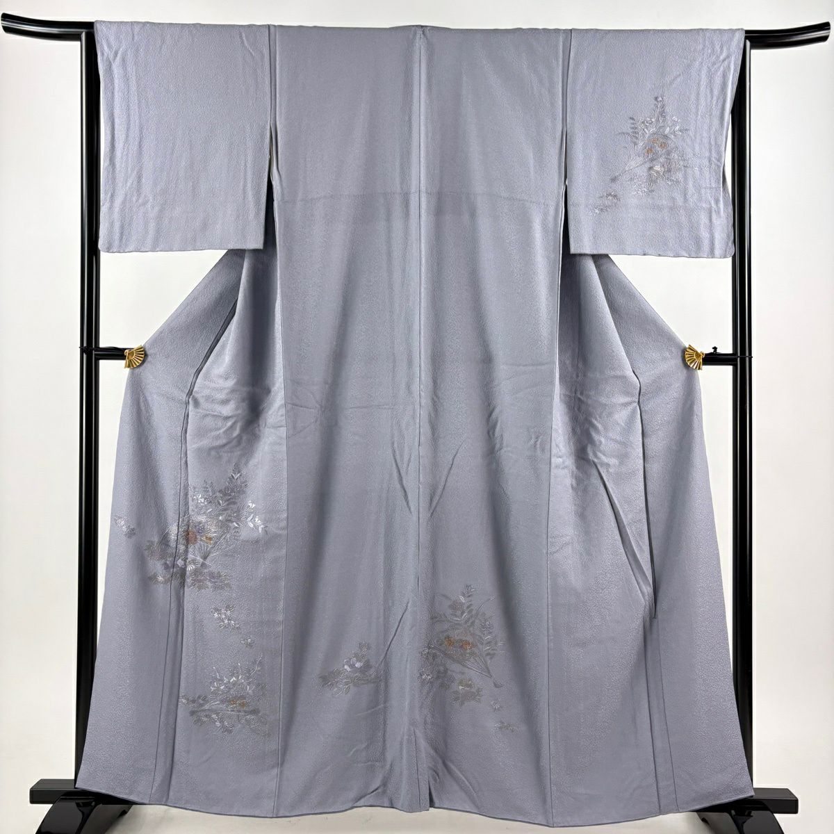 付下 身長159cm 袖長64.5cm M 雙層 扇子 草花紋紋 金糸刺繡 青灰 純蠶絲 秀品級