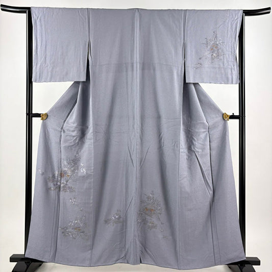 付下 身長159cm 袖長64.5cm M 雙層 扇子 草花紋紋 金糸刺繡 青灰 純蠶絲 秀品級