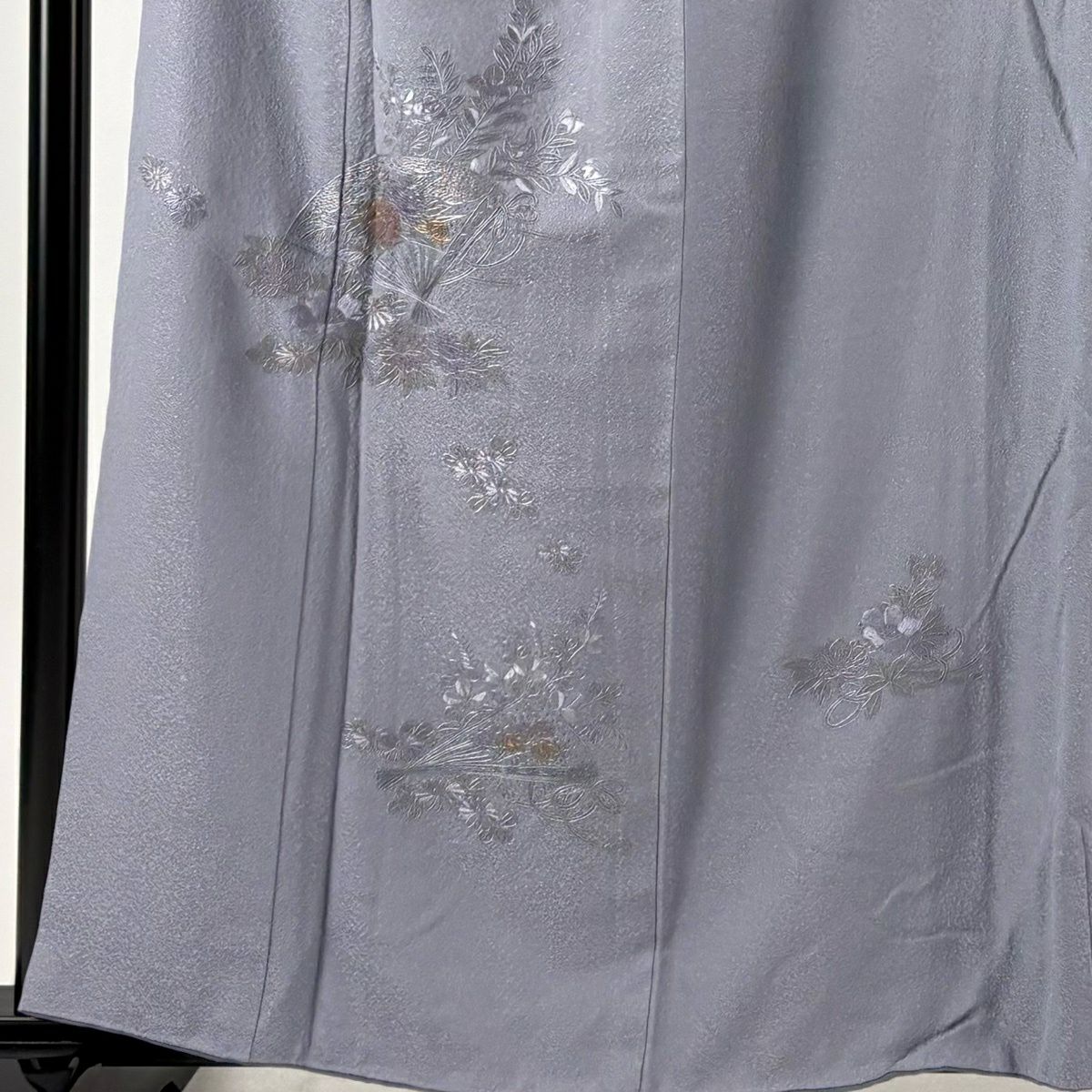 付下 身長159cm 袖長64.5cm M 雙層 扇子 草花紋紋 金糸刺繡 青灰 純蠶絲 秀品級