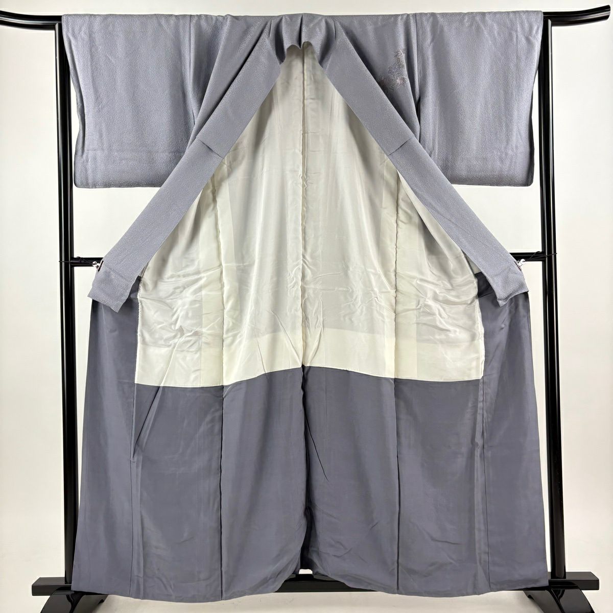 付下 身長159cm 袖長64.5cm M 雙層 扇子 草花紋紋 金糸刺繡 青灰 純蠶絲 秀品級
