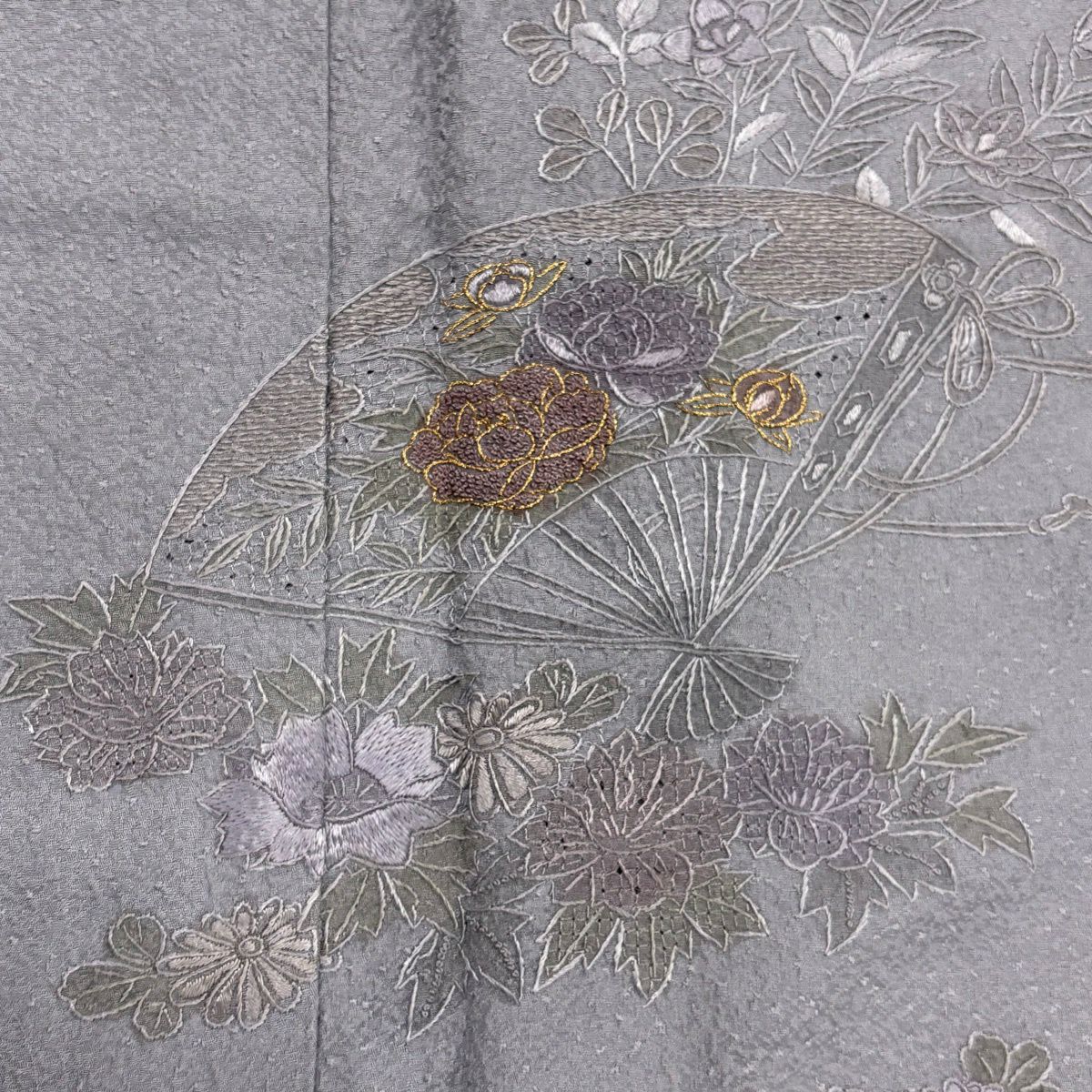 付下 身長159cm 袖長64.5cm M 雙層 扇子 草花紋紋 金糸刺繡 青灰 純蠶絲 秀品級