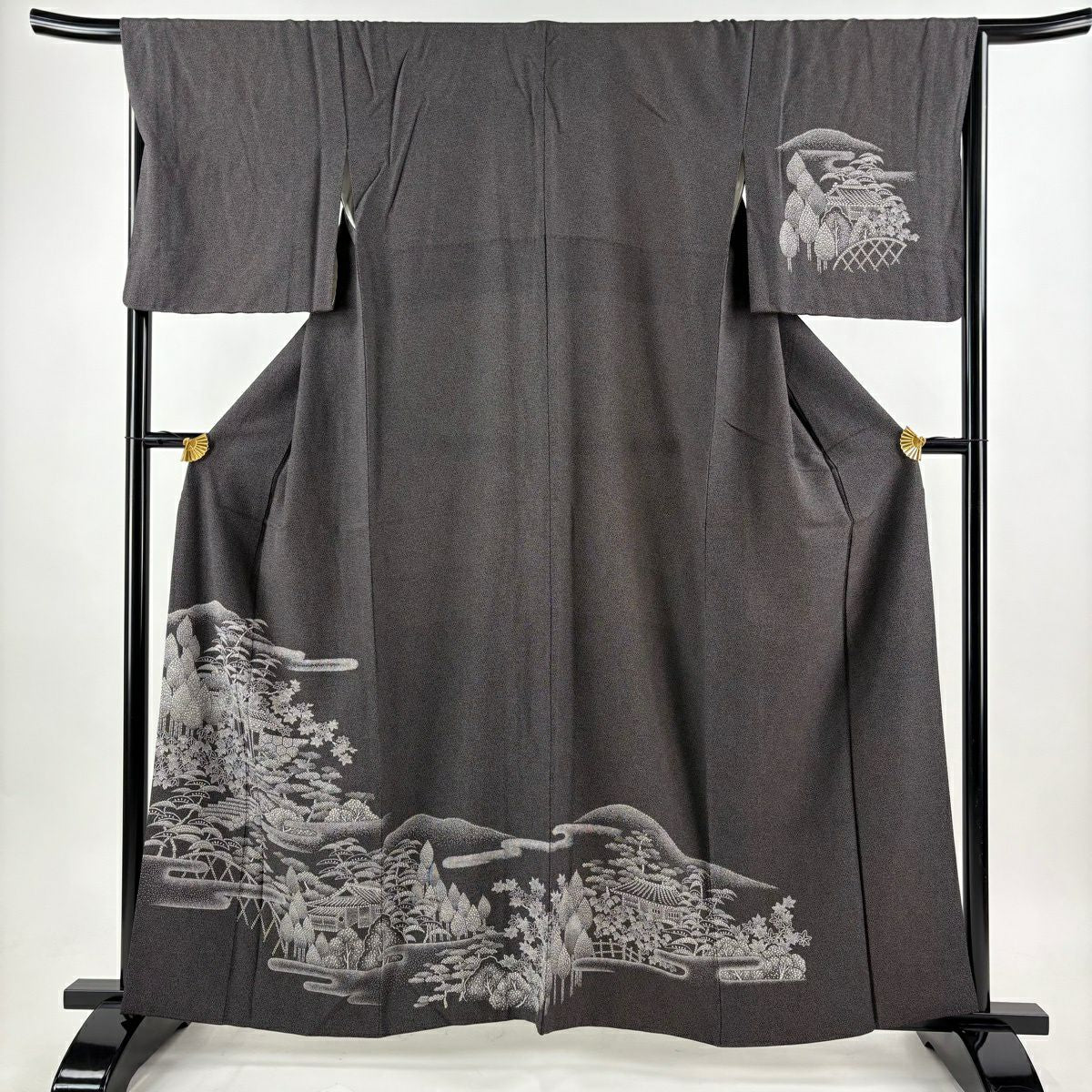 付下 身長159.5cm 袖長67.5cm L 雙層 風景 建物 墨 純蠶絲 秀品級