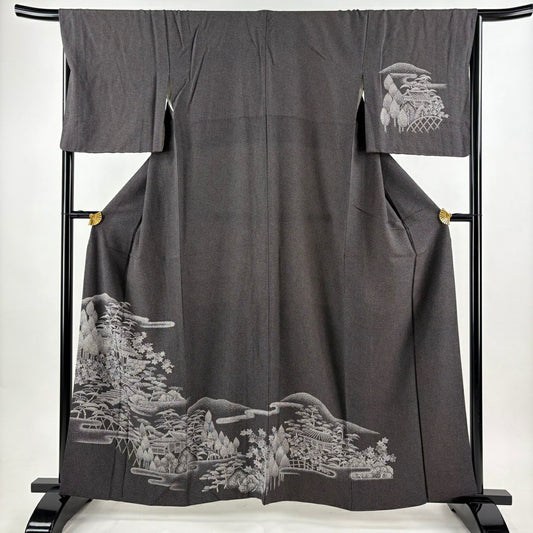 付下 身長159.5cm 袖長67.5cm L 雙層 風景 建物 墨 純蠶絲 秀品級