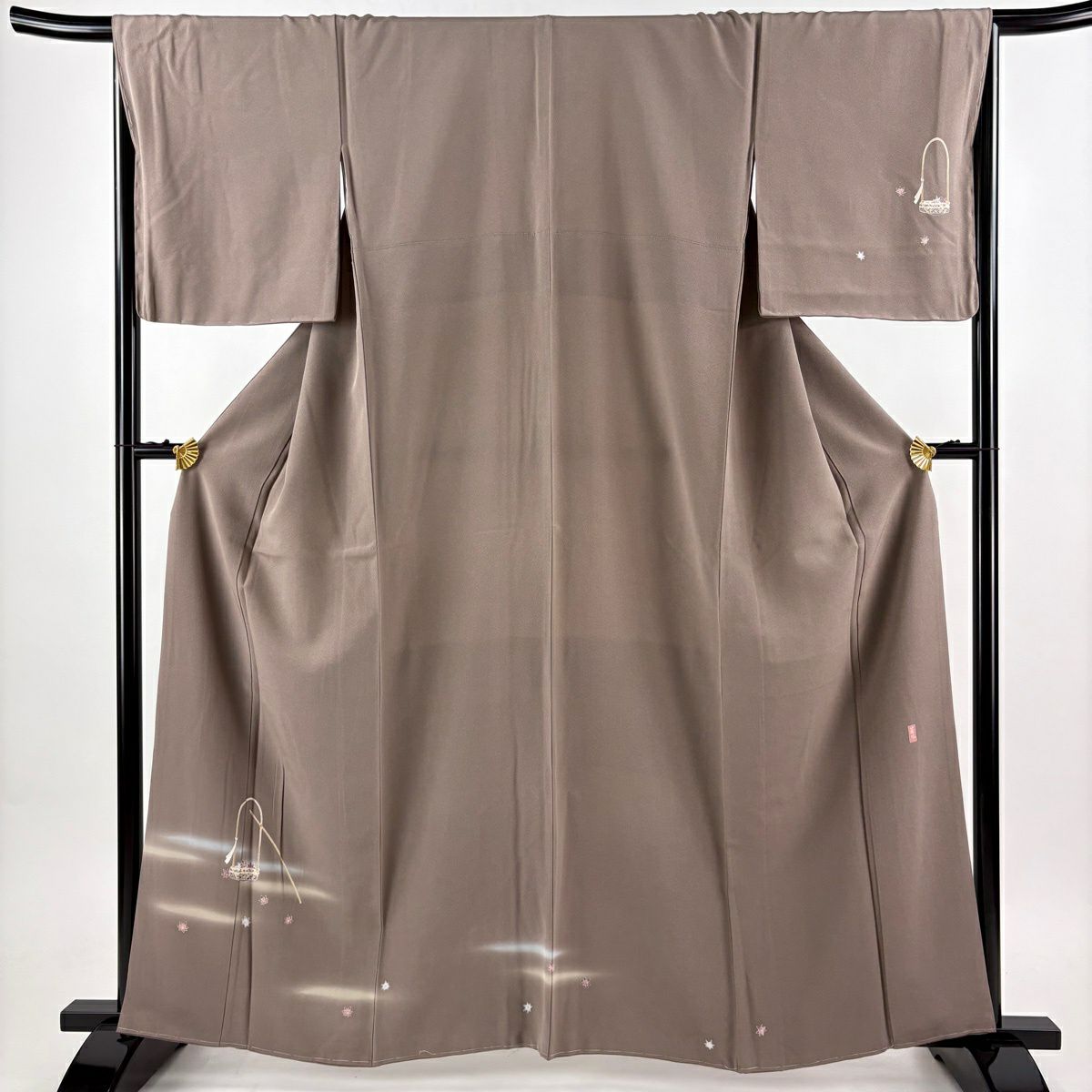 【美品】 付下 身長161cm 袖長67cm M 雙層 岡村蒼風 十日町友禪 落款あり 花籠 霞 漸層 灰茶 純蠶絲 秀品級