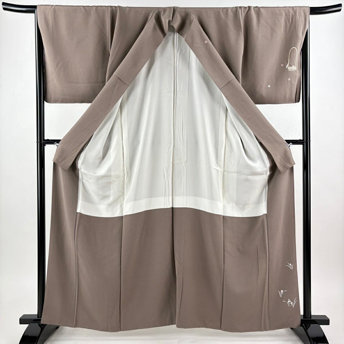 【美品】 付下 身長161cm 袖長67cm M 雙層 岡村蒼風 十日町友禪 落款あり 花籠 霞 漸層 灰茶 純蠶絲 秀品級