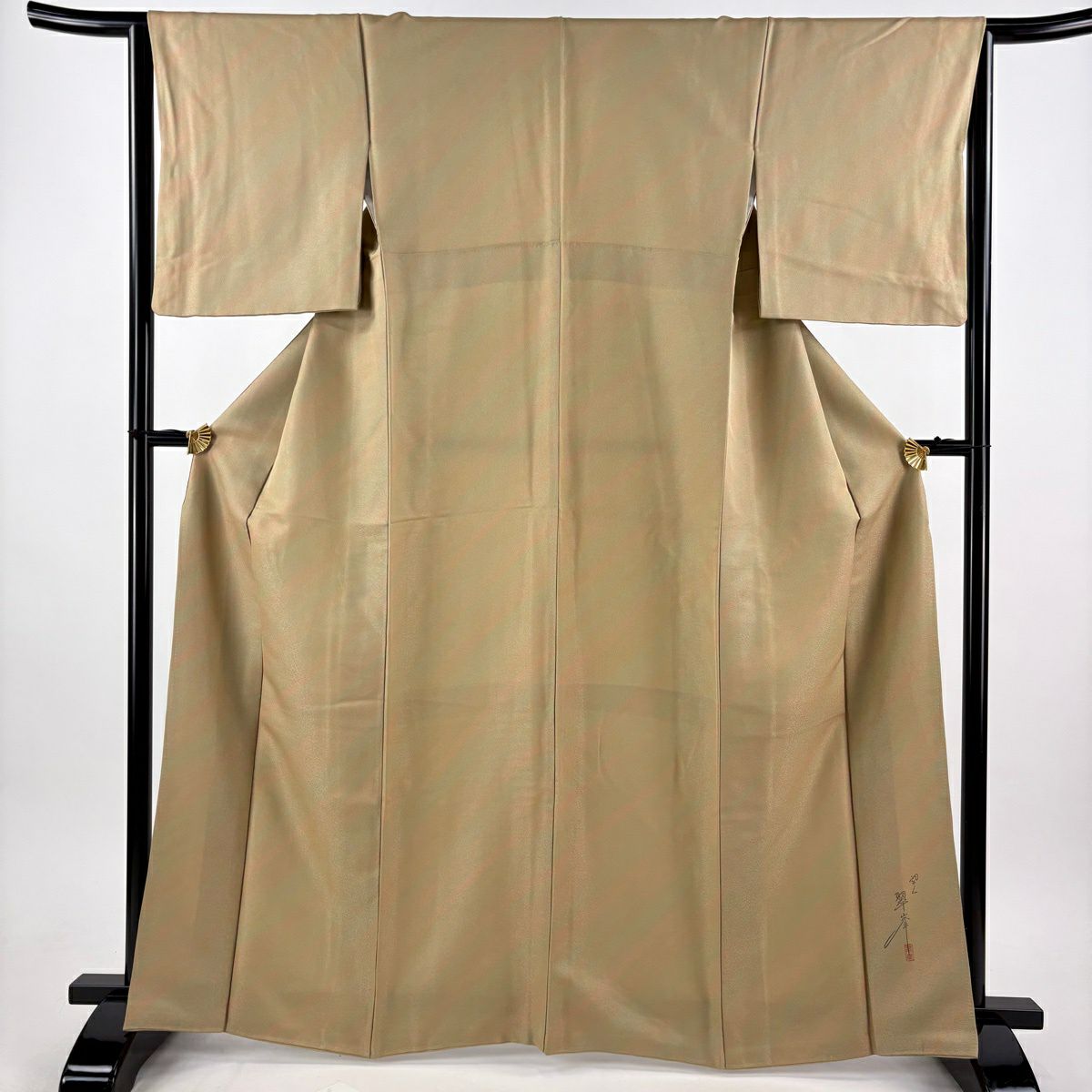 【美品】 小紋 身長164.5cm 袖長64.5cm M 雙層 落款あり 斜めぼかし柄 金通し 米色 純蠶絲 秀品級