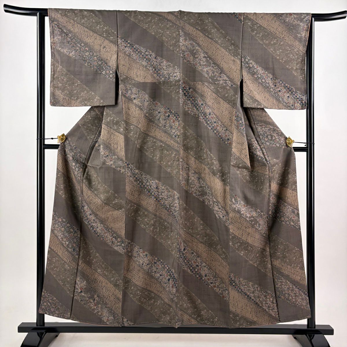 【美品】 小紋 身長155.5cm 袖長64cm M 雙層 紬織織 草花紋紋 紗綾形 灰茶 純蠶絲 秀品級