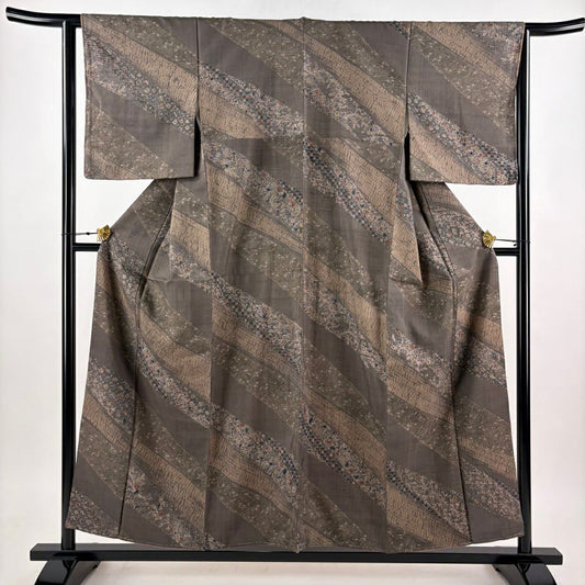 【美品】 小紋 身長155.5cm 袖長64cm M 雙層 紬織織 草花紋紋 紗綾形 灰茶 純蠶絲 秀品級
