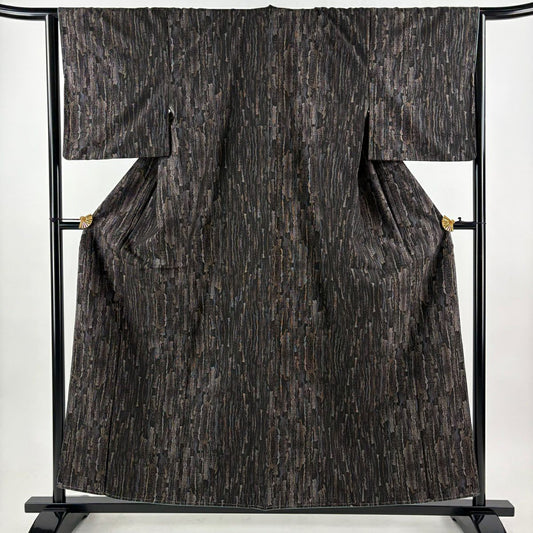 【美品】 大島織 身長158cm 袖長65cm M 雙層 純泥染 證書附帶 幾何圖案 黑 純蠶絲 優品級