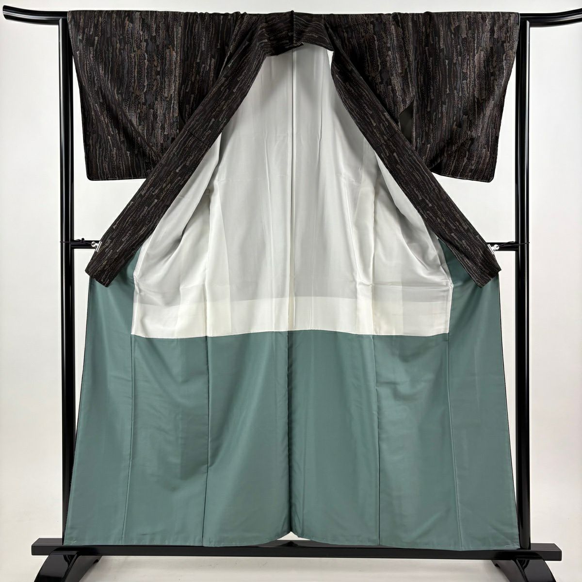 【美品】 大島織 身長158cm 袖長65cm M 雙層 純泥染 證書附帶 幾何圖案 黑 純蠶絲 優品級