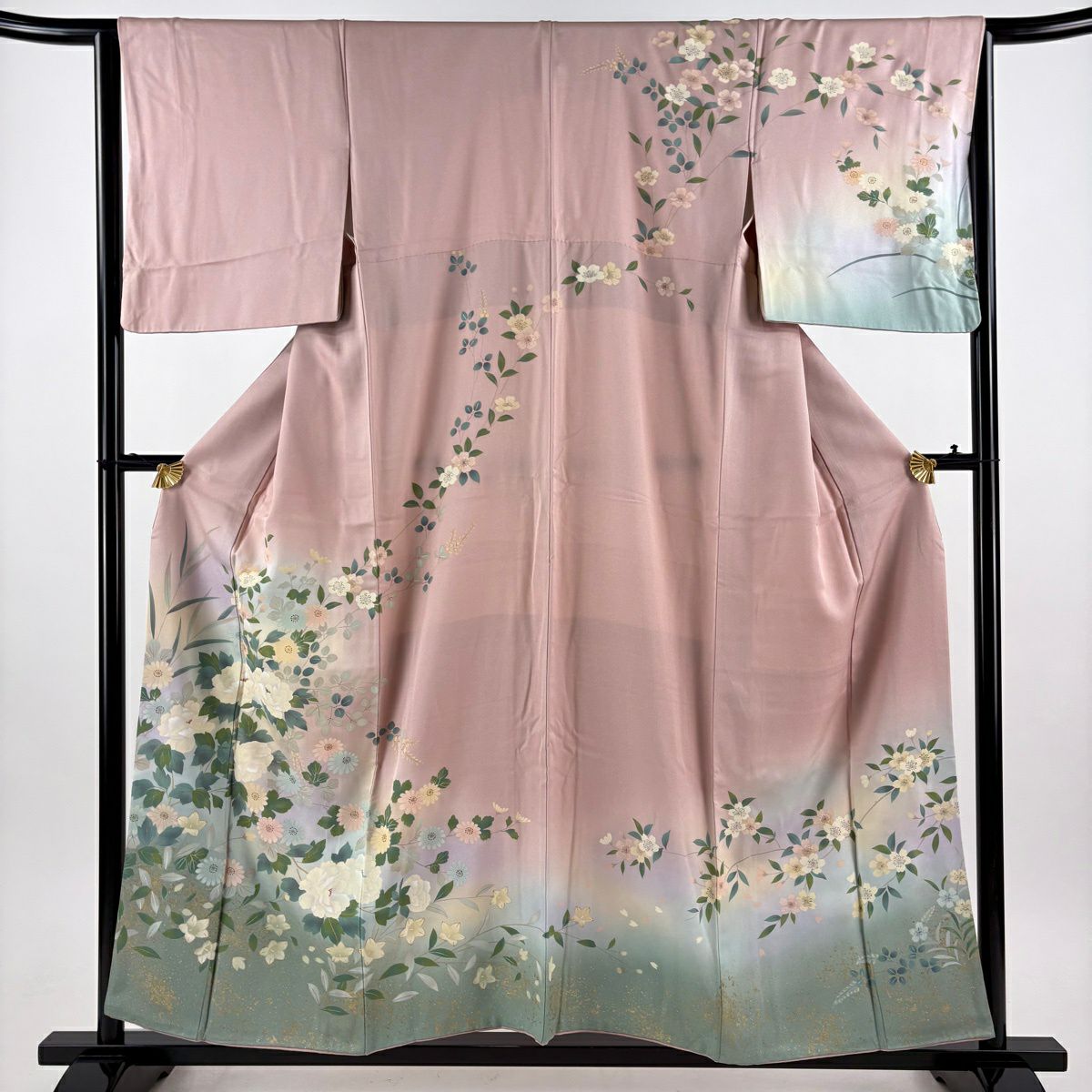 訪問服 身長156.5cm 袖長64.5cm M 雙層 牡丹 草花紋紋 金銀彩 漸層 粉紅 純蠶絲 優品級