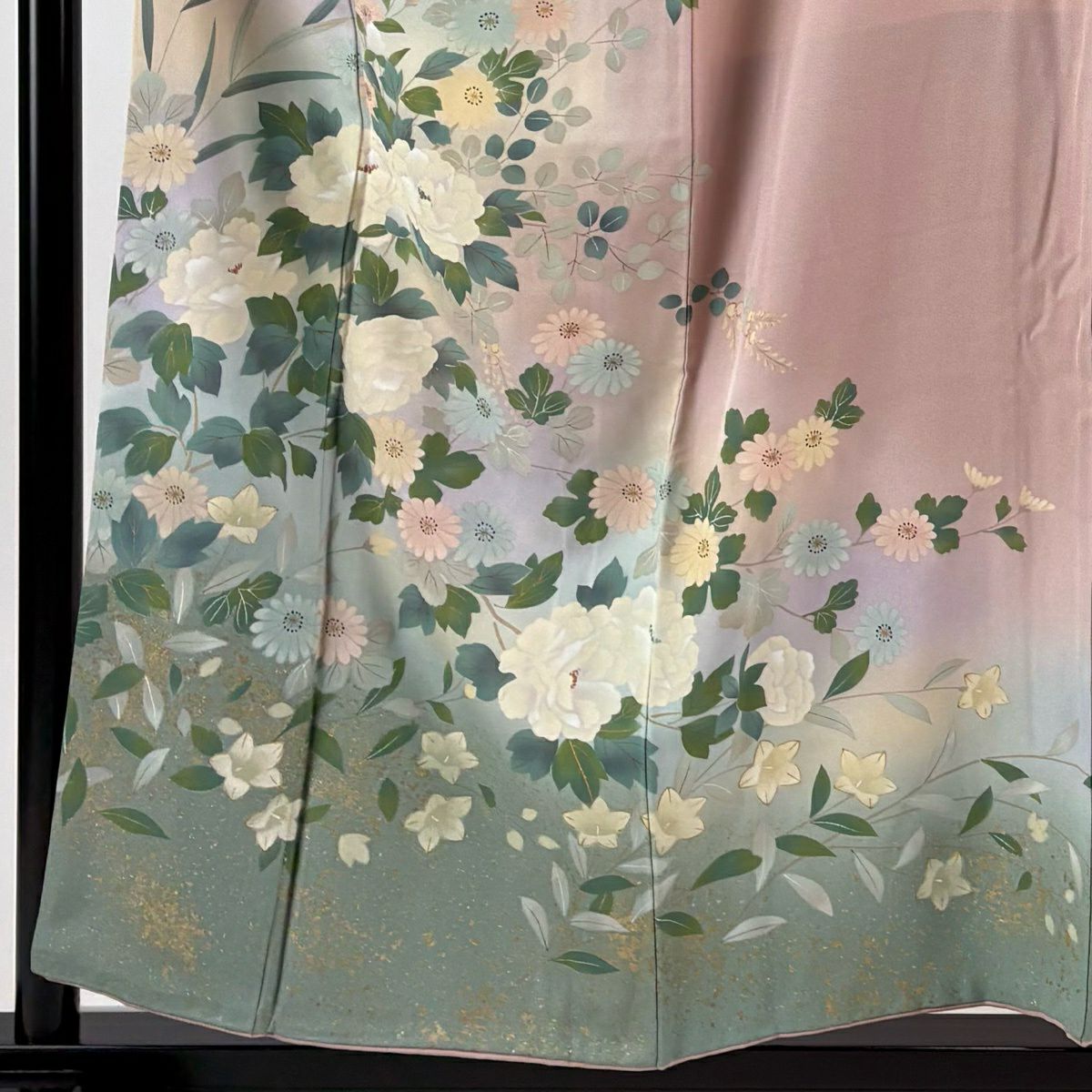 訪問服 身長156.5cm 袖長64.5cm M 雙層 牡丹 草花紋紋 金銀彩 漸層 粉紅 純蠶絲 優品級