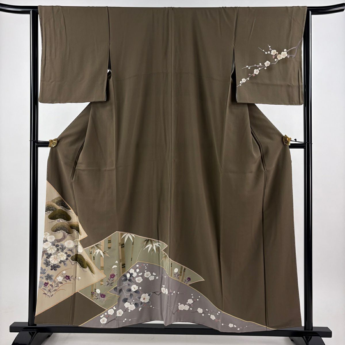 訪問服 身長155cm 袖長64cm M 雙層 松樹竹子梅花 菊花 金銀彩 茶綠 純蠶絲 秀品級