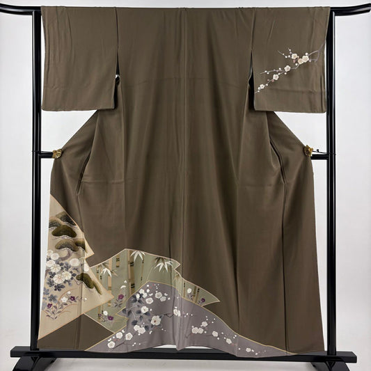 訪問服 身長155cm 袖長64cm M 雙層 松樹竹子梅花 菊花 金銀彩 茶綠 純蠶絲 秀品級