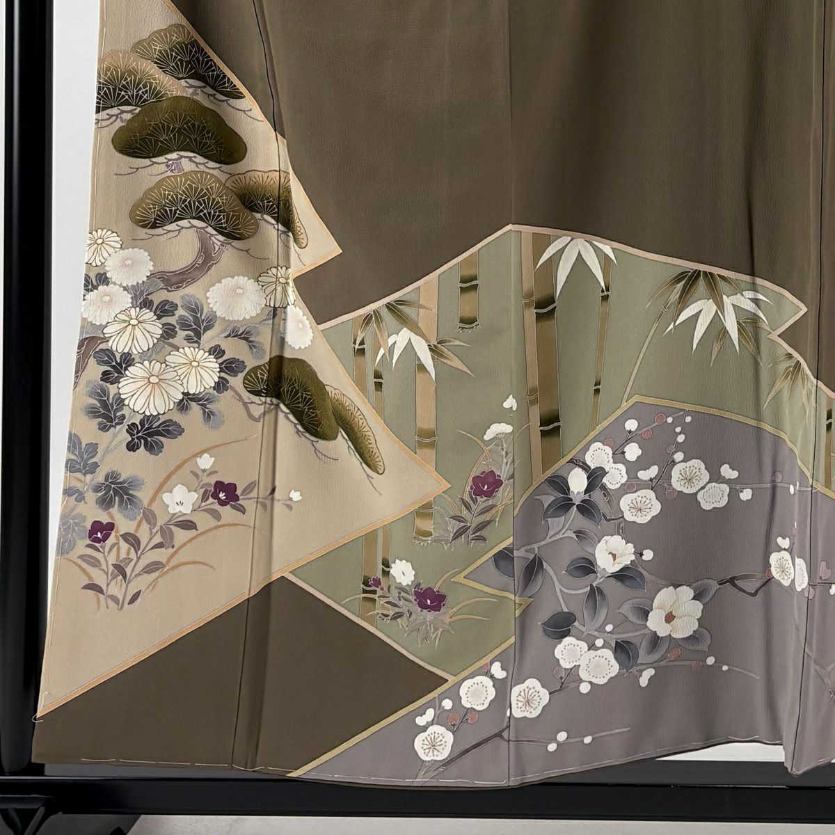訪問服 身長155cm 袖長64cm M 雙層 松樹竹子梅花 菊花 金銀彩 茶綠 純蠶絲 秀品級