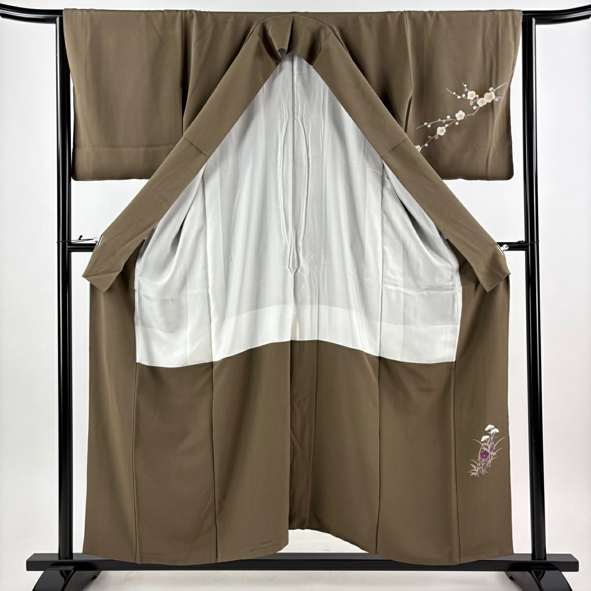 訪問服 身長155cm 袖長64cm M 雙層 松樹竹子梅花 菊花 金銀彩 茶綠 純蠶絲 秀品級