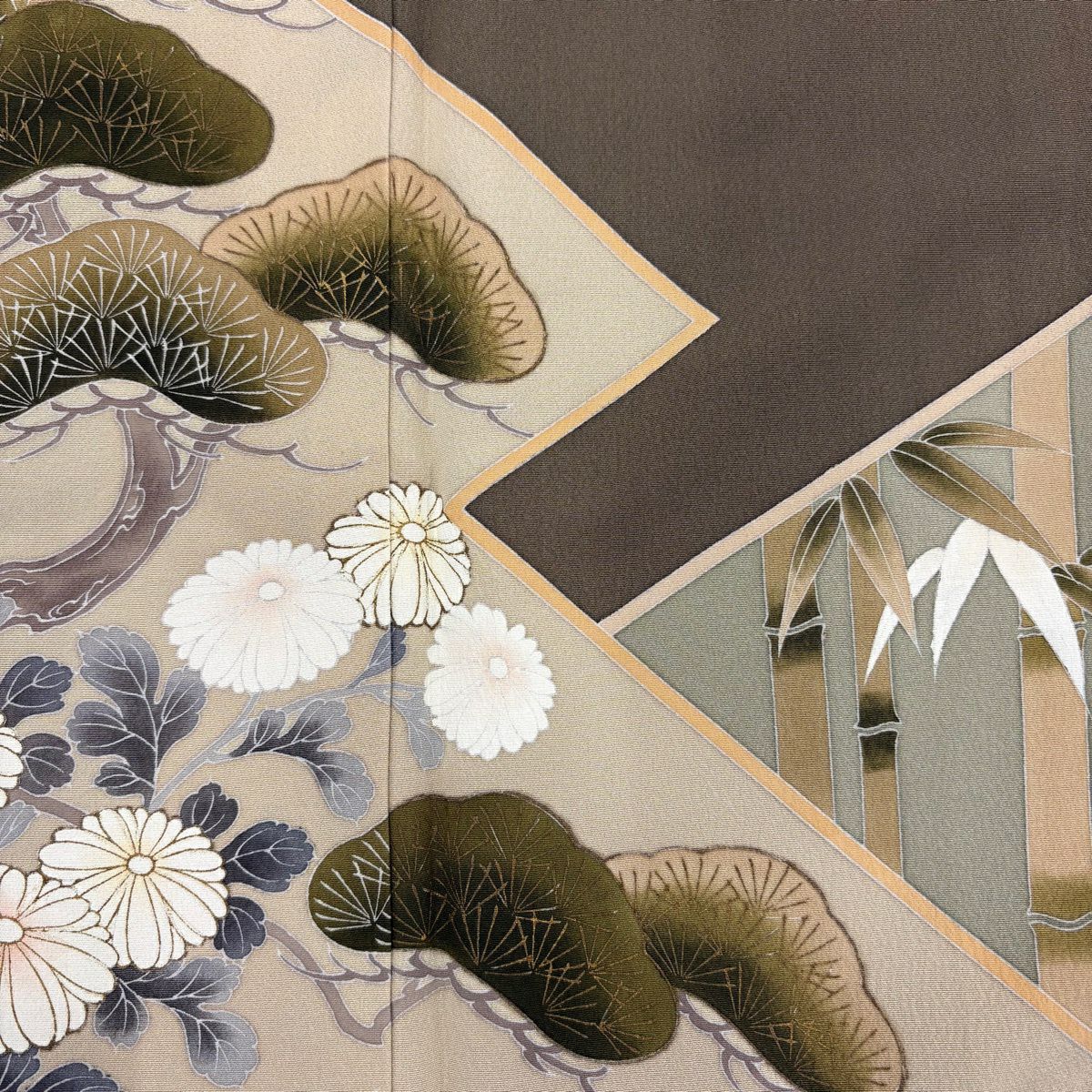 訪問服 身長155cm 袖長64cm M 雙層 松樹竹子梅花 菊花 金銀彩 茶綠 純蠶絲 秀品級