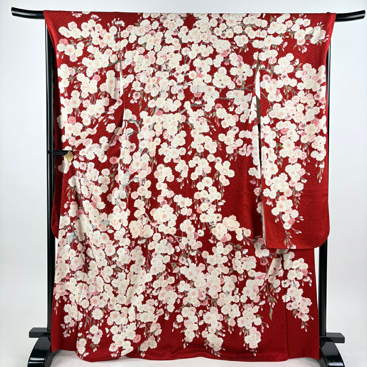 【美品】振袖禮服 身長169cm 袖長68cm L 雙層 櫻花 地紋 金彩裝飾 紅 純蠶絲 名品級