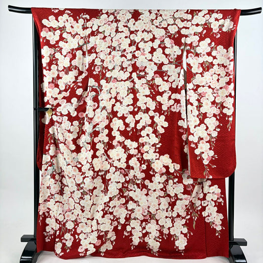 【美品】振袖禮服 身長169cm 袖長68cm L 雙層 櫻花 地紋 金彩裝飾 紅 純蠶絲 名品級