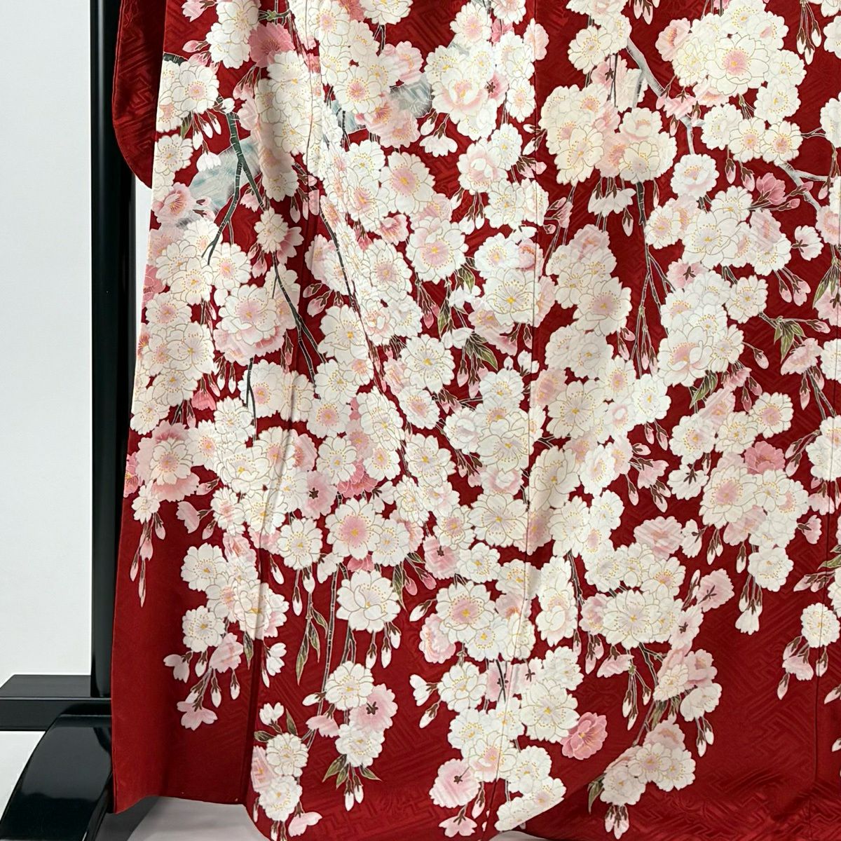 【美品】振袖禮服 身長169cm 袖長68cm L 雙層 櫻花 地紋 金彩裝飾 紅 純蠶絲 名品級