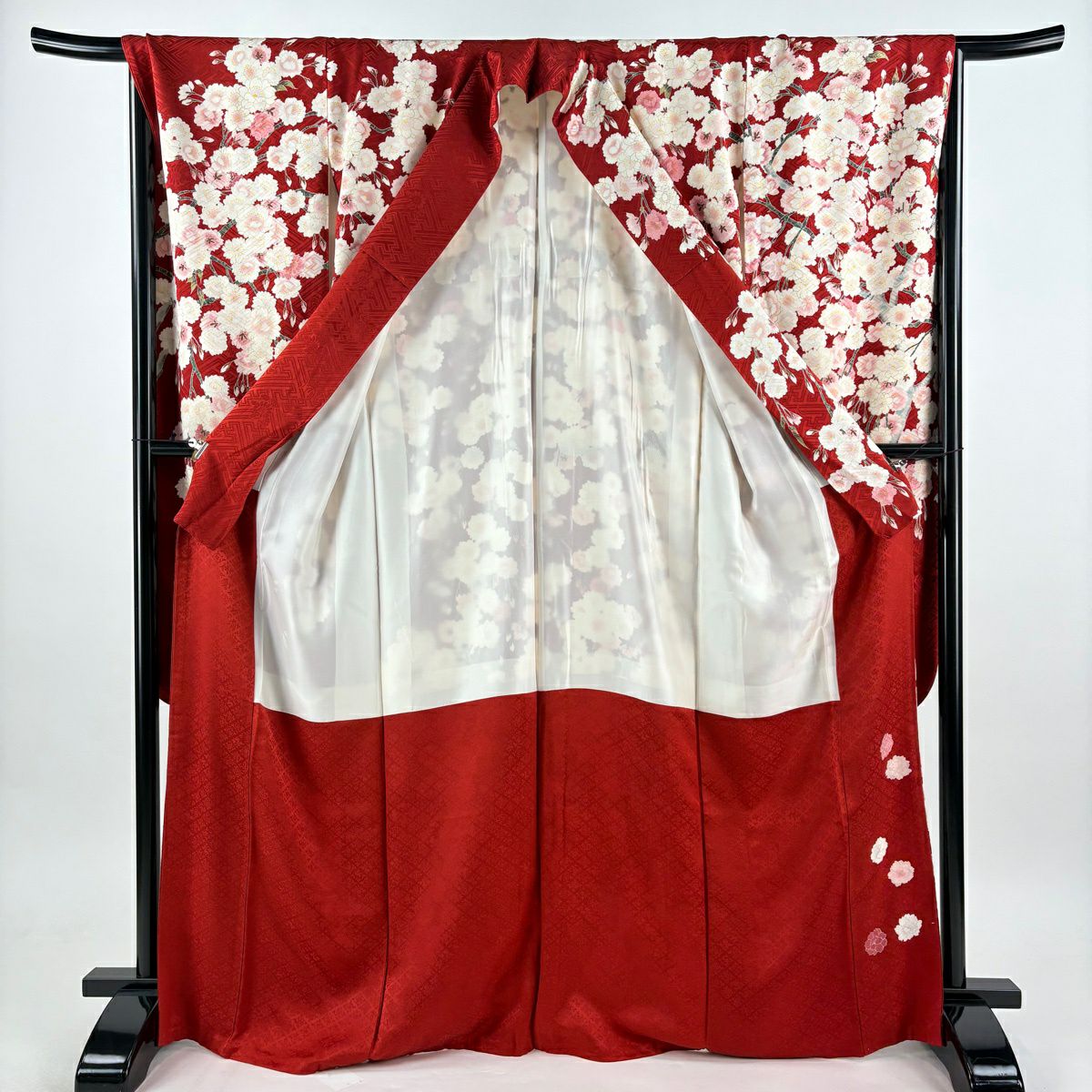 【美品】振袖禮服 身長169cm 袖長68cm L 雙層 櫻花 地紋 金彩裝飾 紅 純蠶絲 名品級