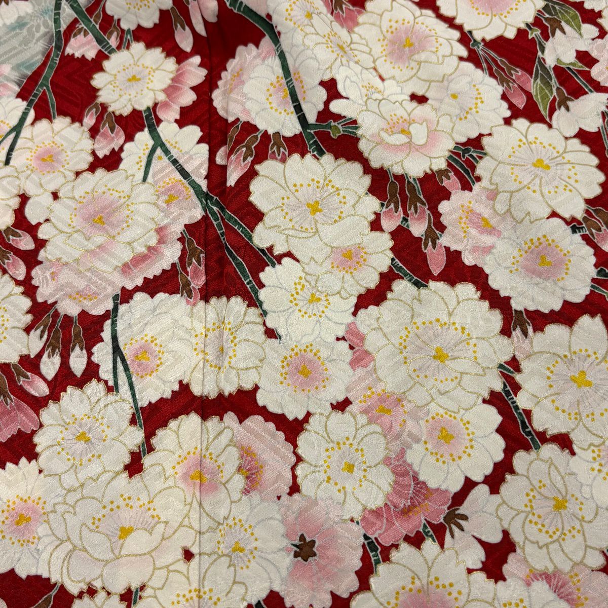 【美品】振袖禮服 身長169cm 袖長68cm L 雙層 櫻花 地紋 金彩裝飾 紅 純蠶絲 名品級