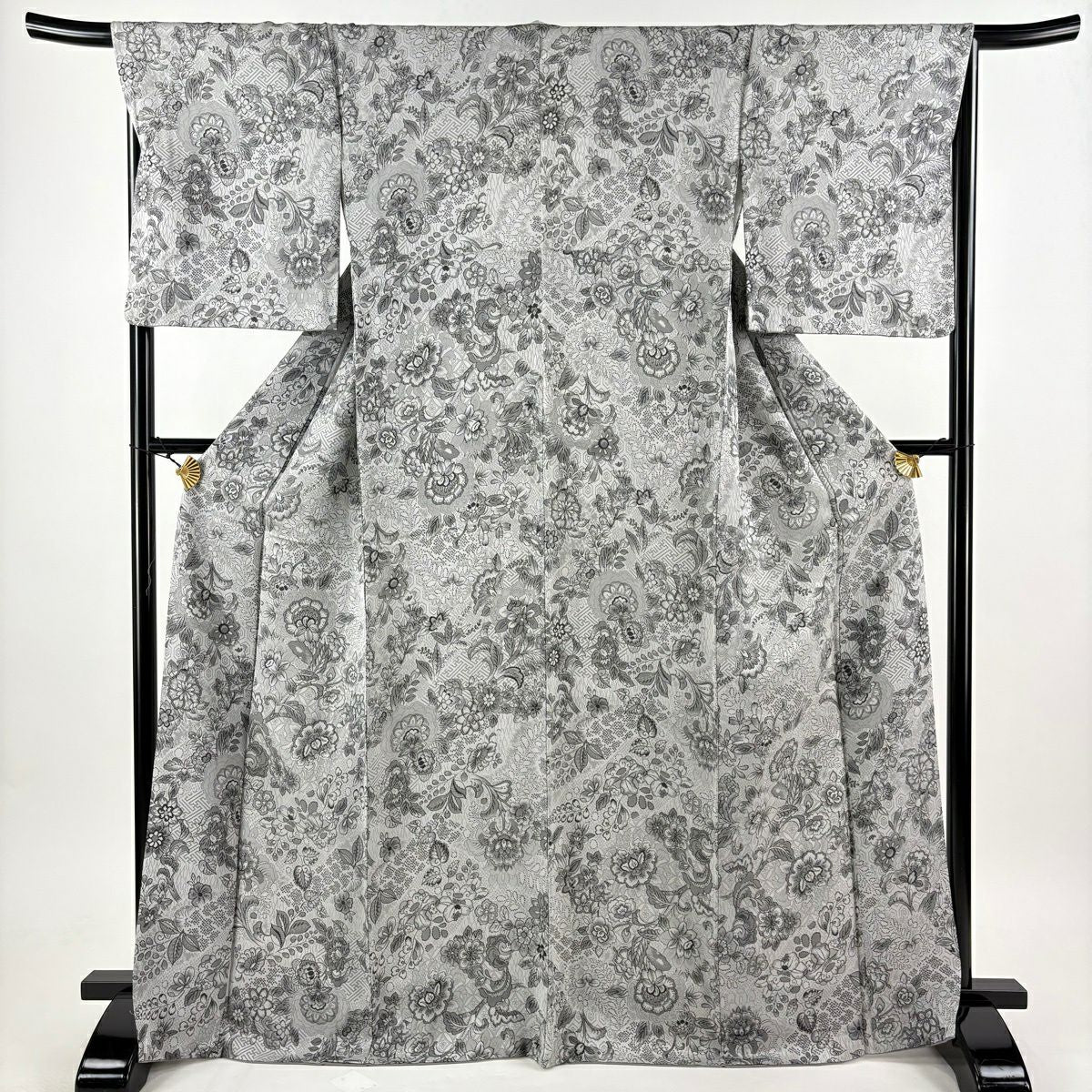 【美品】 小紋 身長170cm 袖長67cm M 雙層 草花紋紋 龜甲 灰色 純蠶絲 名品級