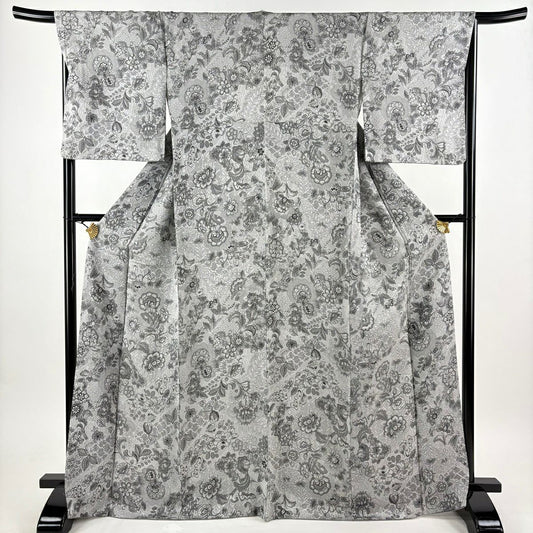 【美品】 小紋 身長170cm 袖長67cm M 雙層 草花紋紋 龜甲 灰色 純蠶絲 名品級