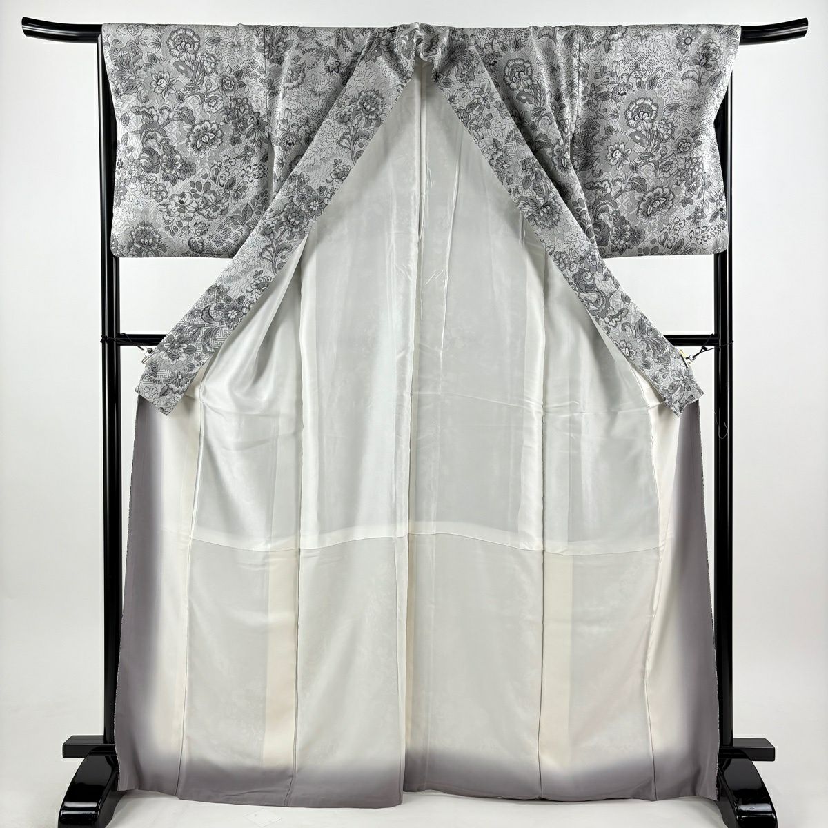 【美品】 小紋 身長170cm 袖長67cm M 雙層 草花紋紋 龜甲 灰色 純蠶絲 名品級