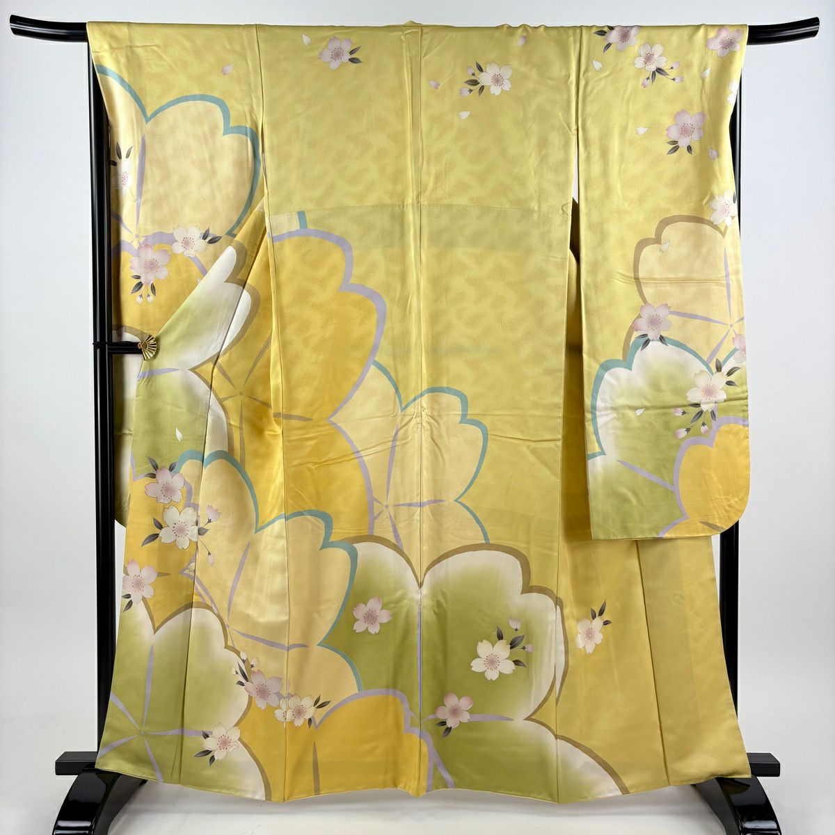 振袖禮服 身長160cm 袖長67.5cm L 雙層櫻 金通し 金銀彩 黃色 純蠶絲 名品級