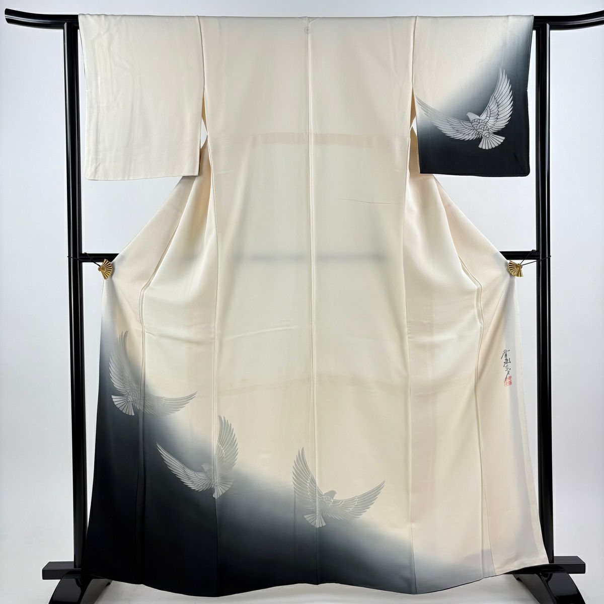 付下 身長162.5cm 袖長62.5cm S 雙層 斉藤三才 落款あり 鳥 裾暈染 奶油色 純蠶絲 名品級 一個紋