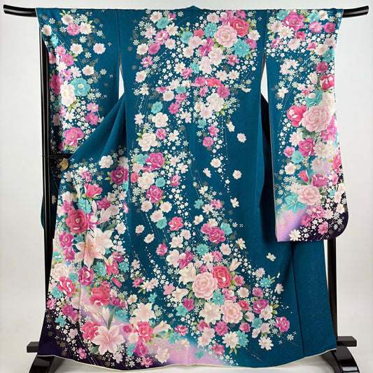 【美品】振袖禮服 身長165cm 袖長68.5cm L 雙層 百合 草花紋紋 刺繡 金金箔 青綠 純蠶絲 名品級