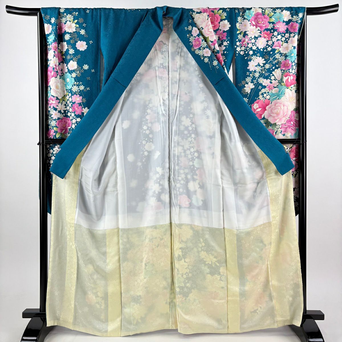 【美品】振袖禮服 身長165cm 袖長68.5cm L 雙層 百合 草花紋紋 刺繡 金金箔 青綠 純蠶絲 名品級