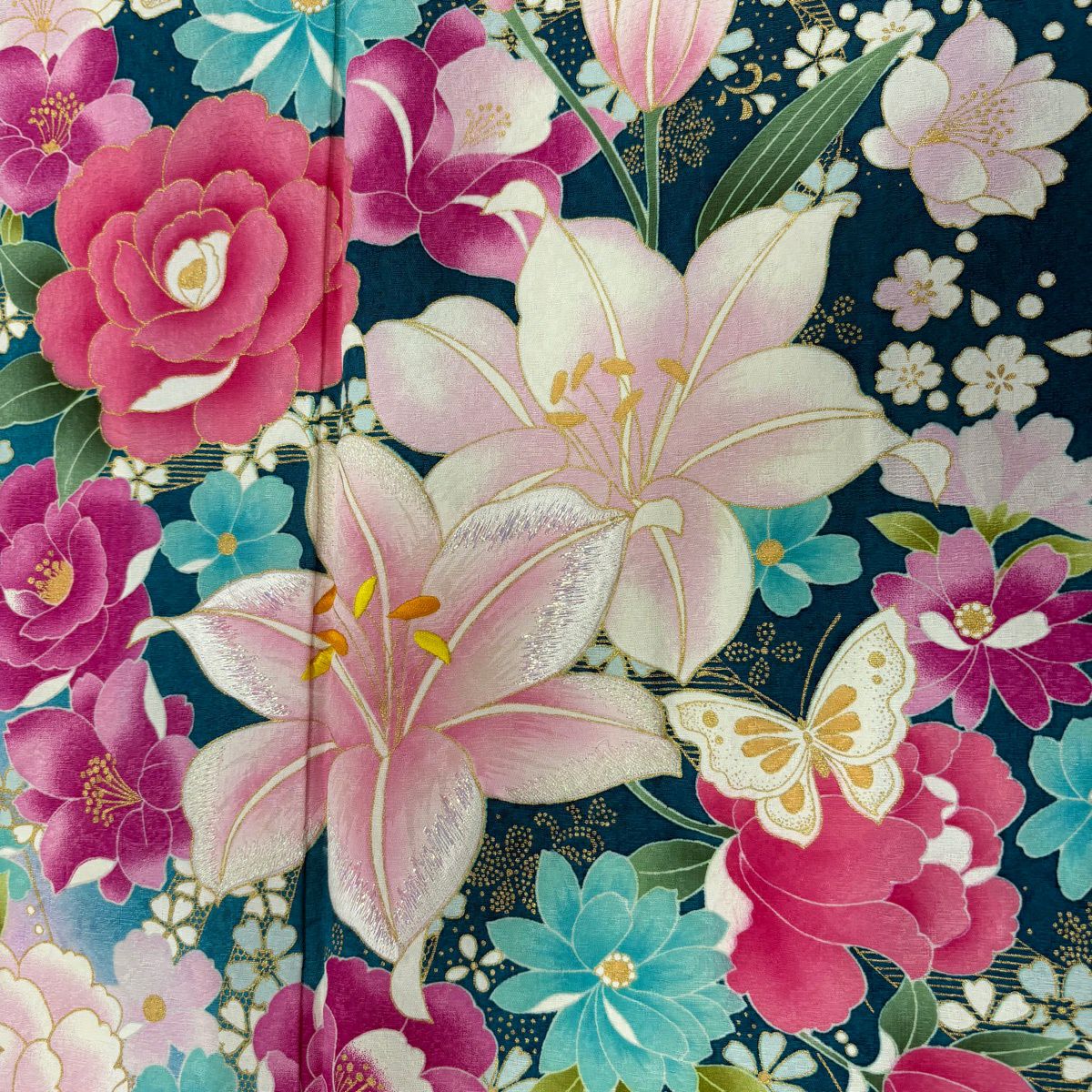 【美品】振袖禮服 身長165cm 袖長68.5cm L 雙層 百合 草花紋紋 刺繡 金金箔 青綠 純蠶絲 名品級