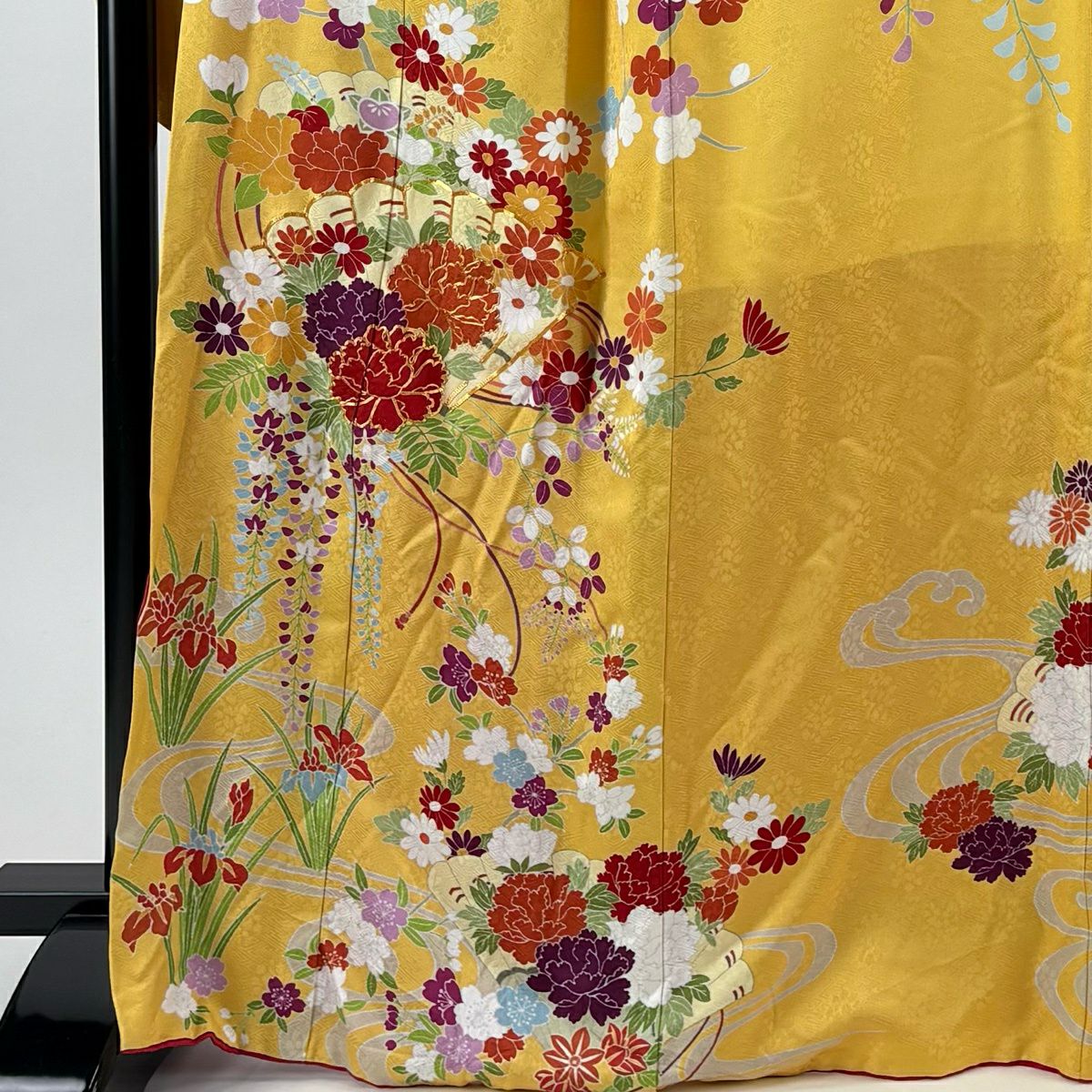 振袖禮服 身長168.5cm 袖長67cm M 雙層 草花紋紋 桧扇子 金糸 黃色 純蠶絲 名品級
