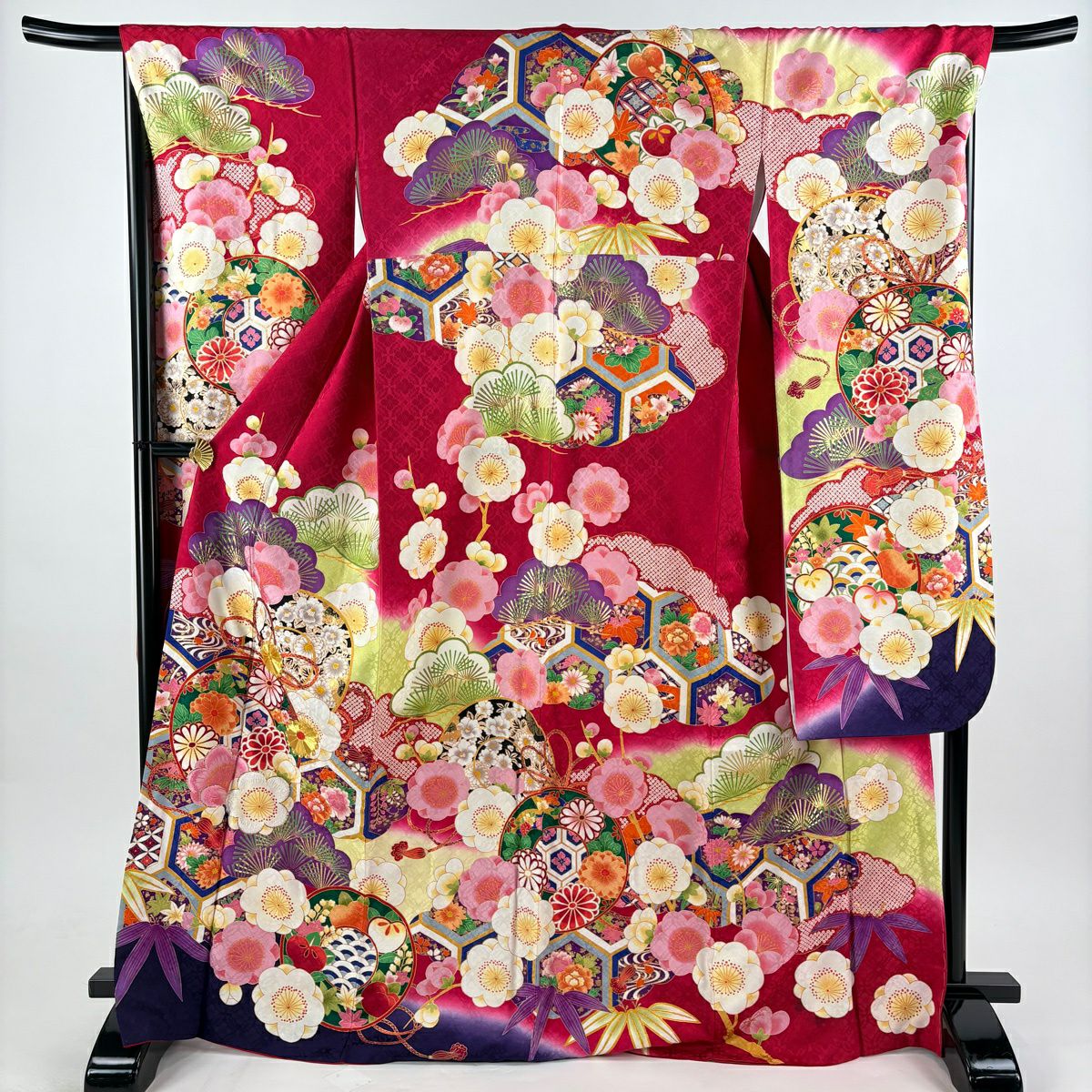振袖禮服 身長170cm 袖長68cm L 雙層 松樹竹子梅花 鼓 刺繡 金糸 深粉紅 純蠶絲 名品級