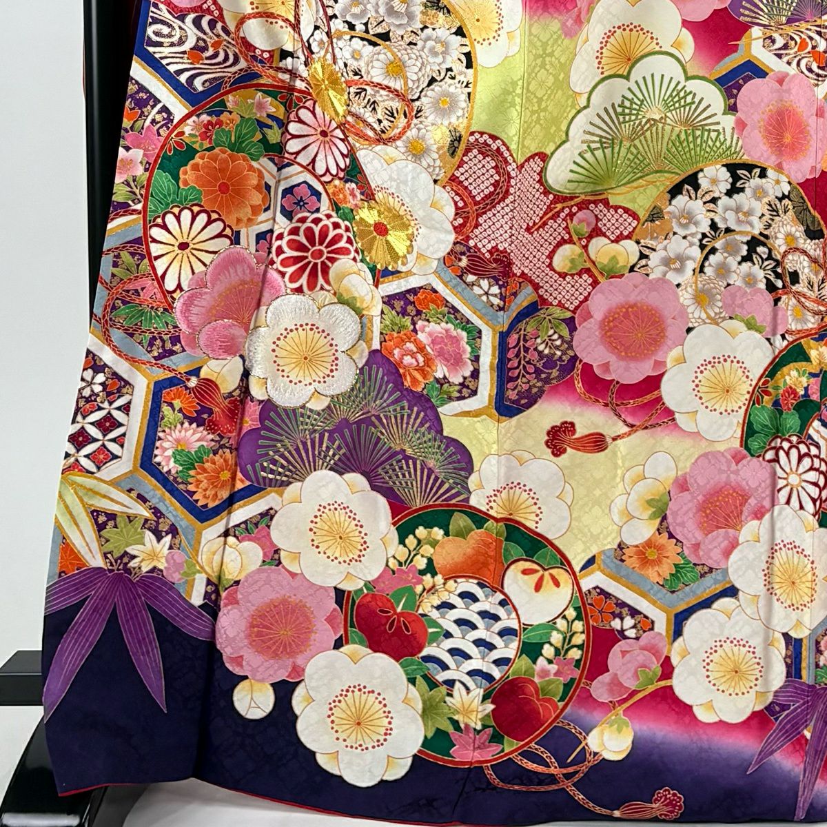 振袖禮服 身長170cm 袖長68cm L 雙層 松樹竹子梅花 鼓 刺繡 金糸 深粉紅 純蠶絲 名品級