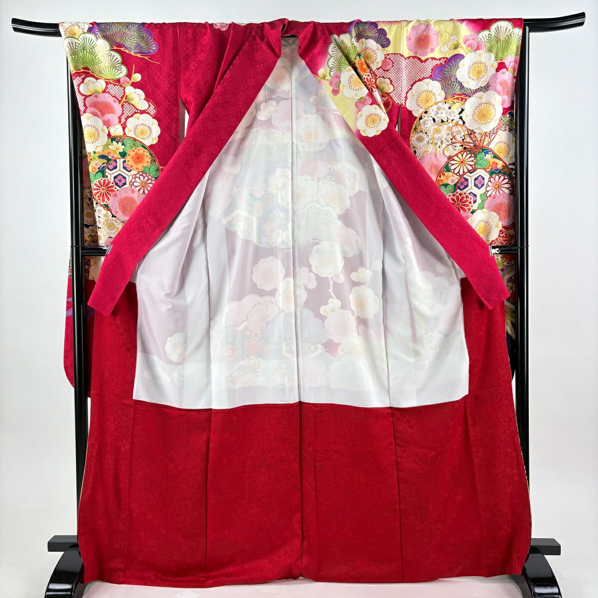 振袖禮服 身長170cm 袖長68cm L 雙層 松樹竹子梅花 鼓 刺繡 金糸 深粉紅 純蠶絲 名品級