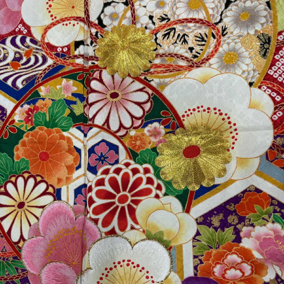 振袖禮服 身長170cm 袖長68cm L 雙層 松樹竹子梅花 鼓 刺繡 金糸 深粉紅 純蠶絲 名品級