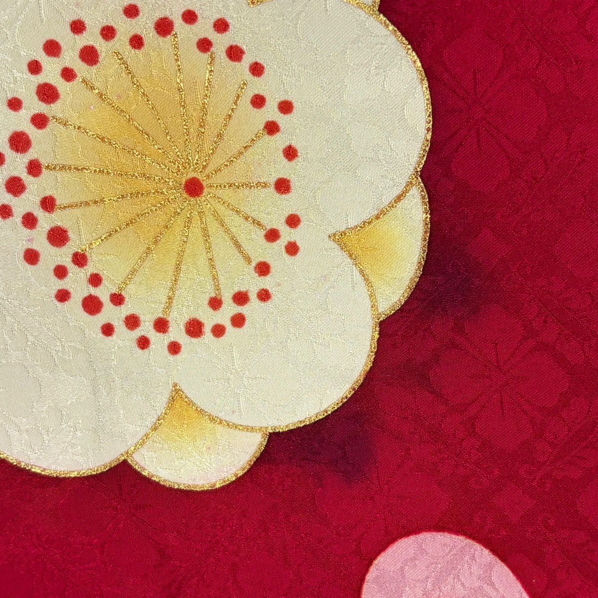 振袖禮服 身長170cm 袖長68cm L 雙層 松樹竹子梅花 鼓 刺繡 金糸 深粉紅 純蠶絲 名品級