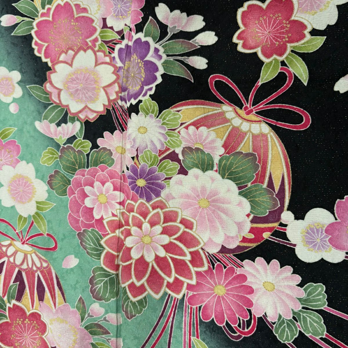 【美品】振袖禮服 身長167.5cm 袖長66cm M 雙層 藥玉 櫻花 金通し 金銀彩 黑 純蠶絲 名品級