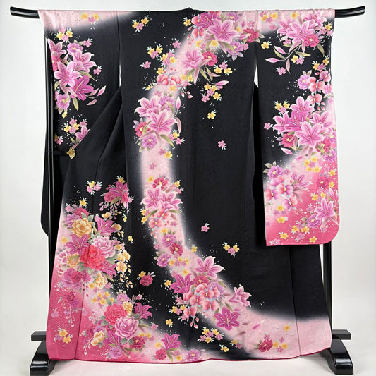 振袖禮服 身長168cm 袖長69.5cm L 雙層 牡丹 草花紋紋 刺繡 金金箔 黑 純蠶絲 名品級