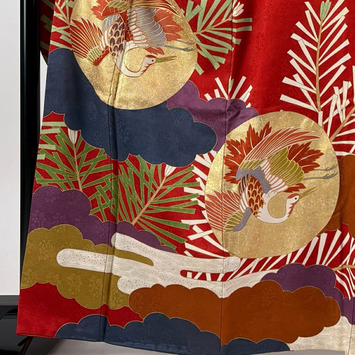 振袖禮服 身長165.5cm 袖長68cm L 雙層 藤井寛 落款あり 仙鶴 雲文 金絲 金銀彩 紅 純蠶絲 逸品級