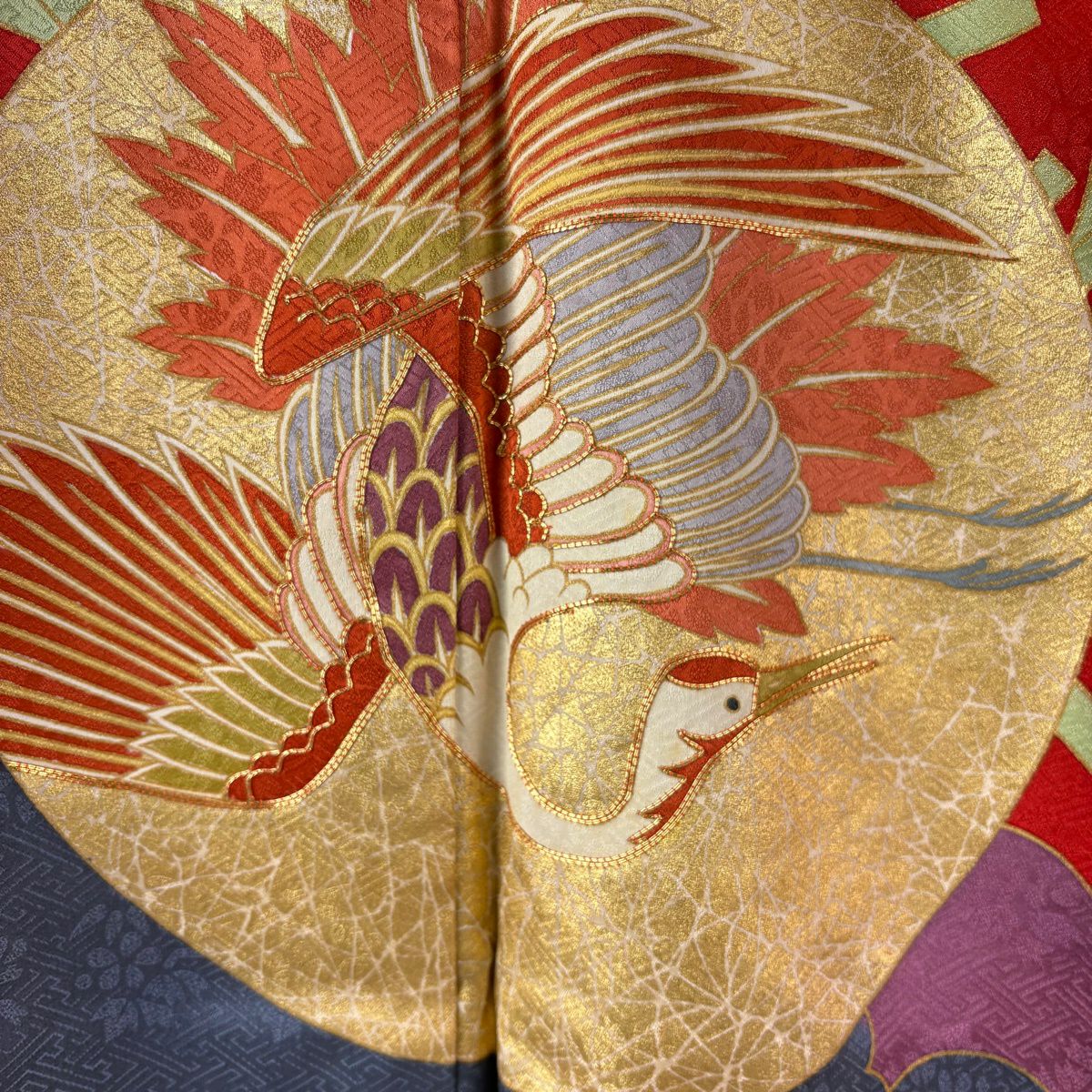 振袖禮服 身長165.5cm 袖長68cm L 雙層 藤井寛 落款あり 仙鶴 雲文 金絲 金銀彩 紅 純蠶絲 逸品級