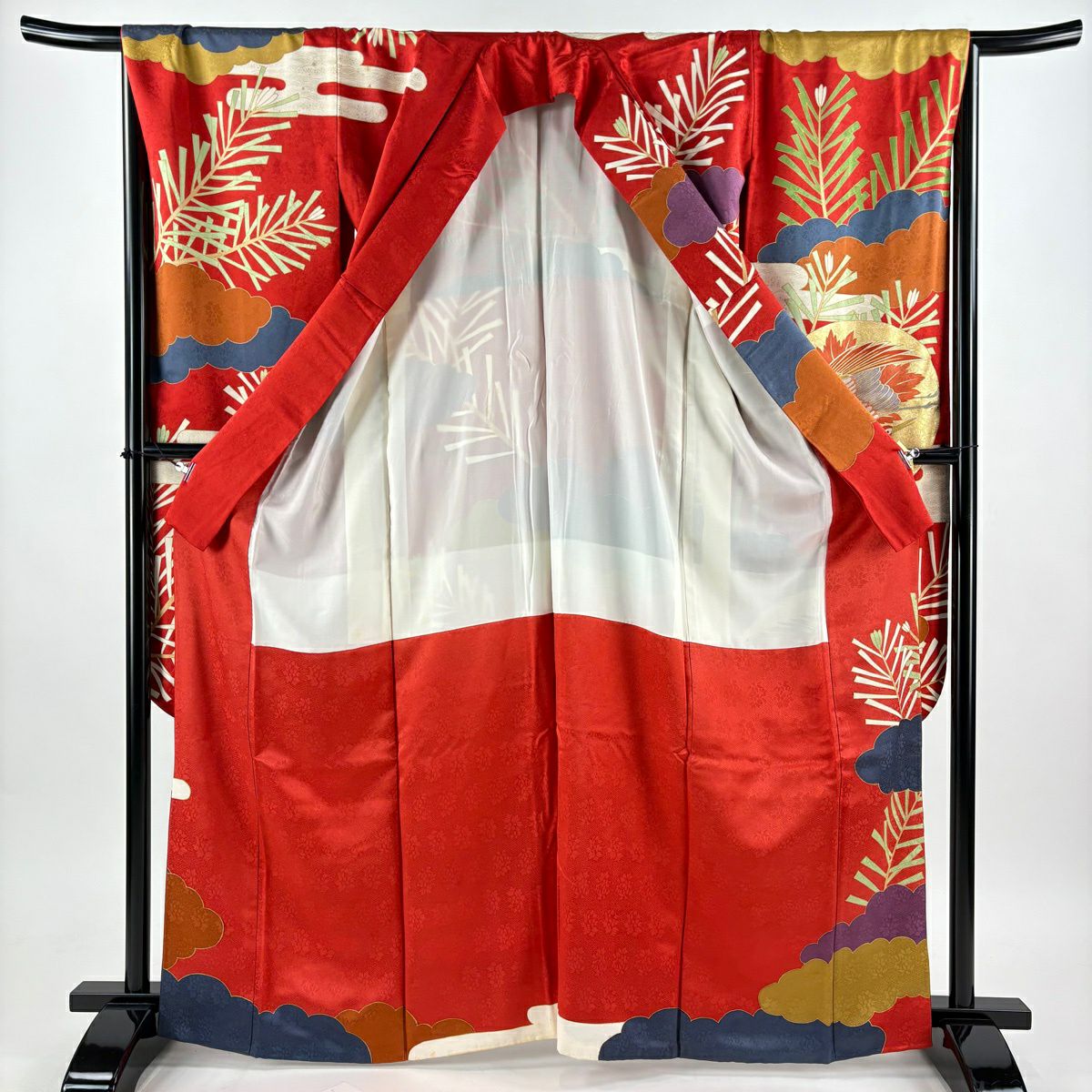 振袖禮服 身長165.5cm 袖長68cm L 雙層 藤井寛 落款あり 仙鶴 雲文 金絲 金銀彩 紅 純蠶絲 逸品級