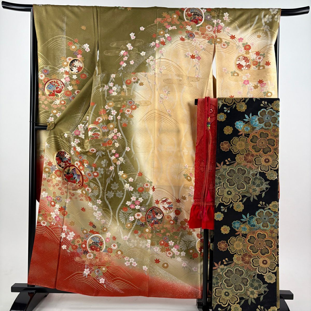 振袖禮服 身長160cm 袖長67cm M 雙層 袋帶全套 鎌倉文 松樹竹子梅花 金絲 金銀彩 茶綠 純蠶絲 優品級