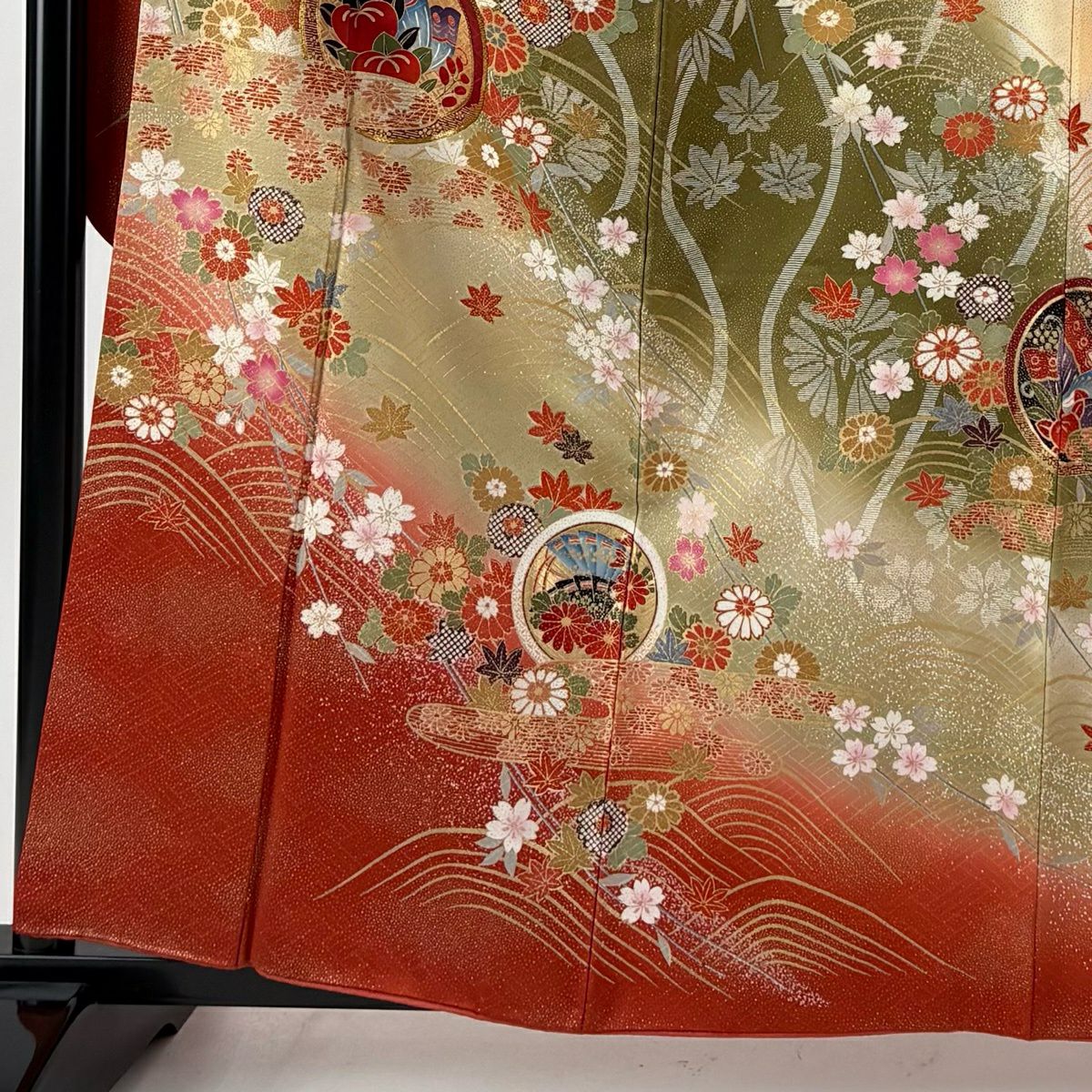 振袖禮服 身長160cm 袖長67cm M 雙層 袋帶全套 鎌倉文 松樹竹子梅花 金絲 金銀彩 茶綠 純蠶絲 優品級