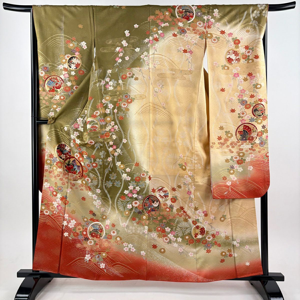 振袖禮服 身長160cm 袖長67cm M 雙層 袋帶全套 鎌倉文 松樹竹子梅花 金絲 金銀彩 茶綠 純蠶絲 優品級