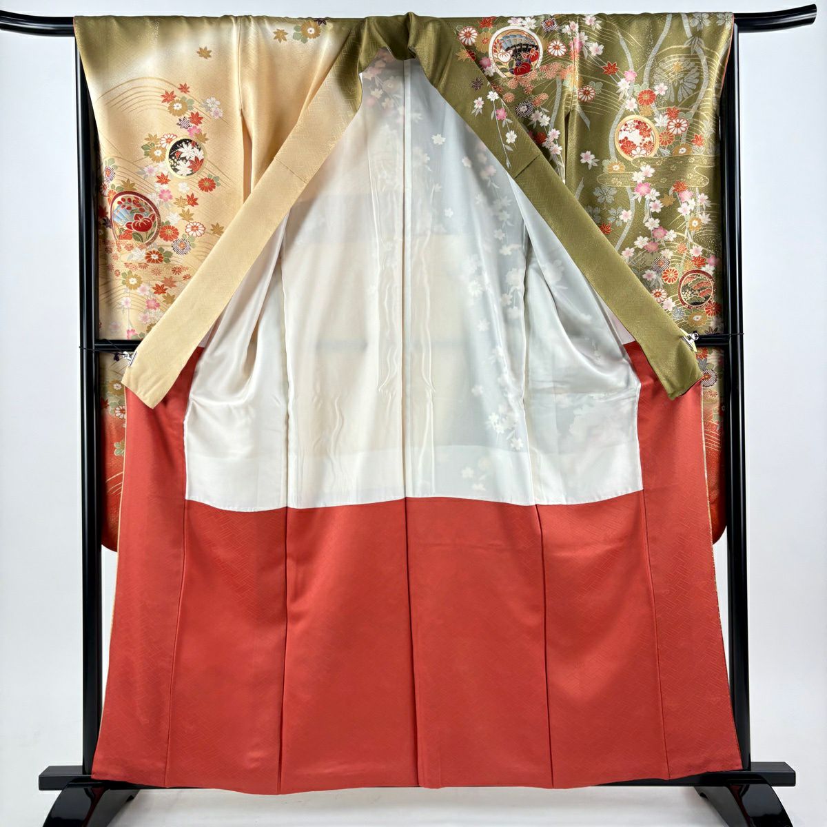 振袖禮服 身長160cm 袖長67cm M 雙層 袋帶全套 鎌倉文 松樹竹子梅花 金絲 金銀彩 茶綠 純蠶絲 優品級